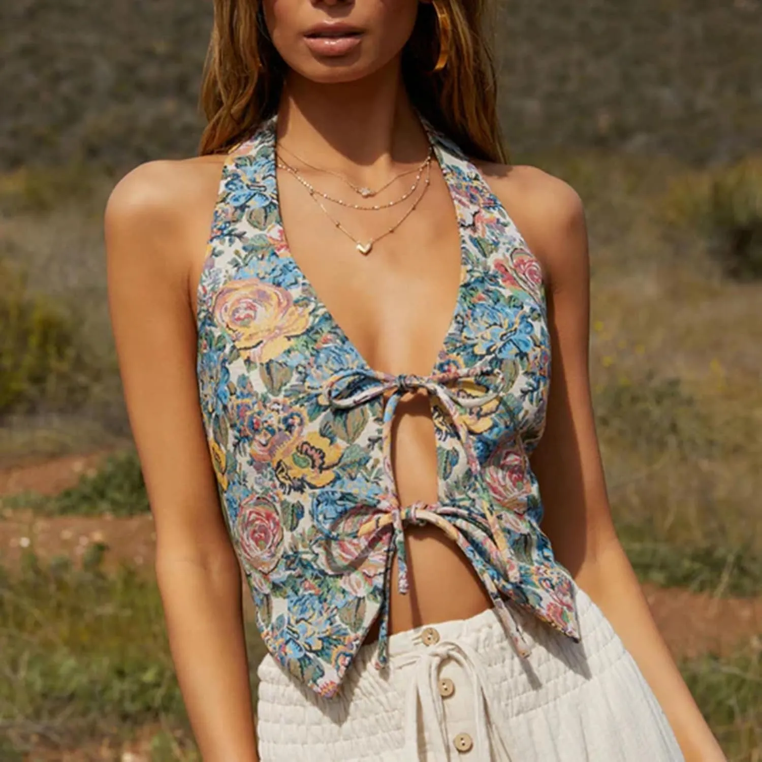 Women's Vintage Denim Vest Top Tie Front Floral Print Halter Neck Tank Top Y2k Sleeveless Backless Jean Top Outfit