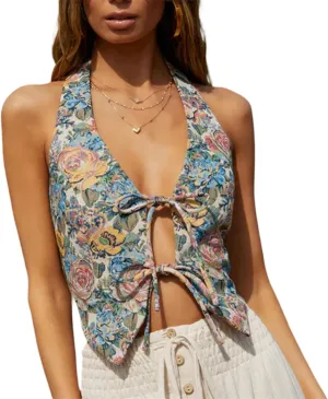 Women's Vintage Denim Vest Top Tie Front Floral Print Halter Neck Tank Top Y2k Sleeveless Backless Jean Top Outfit