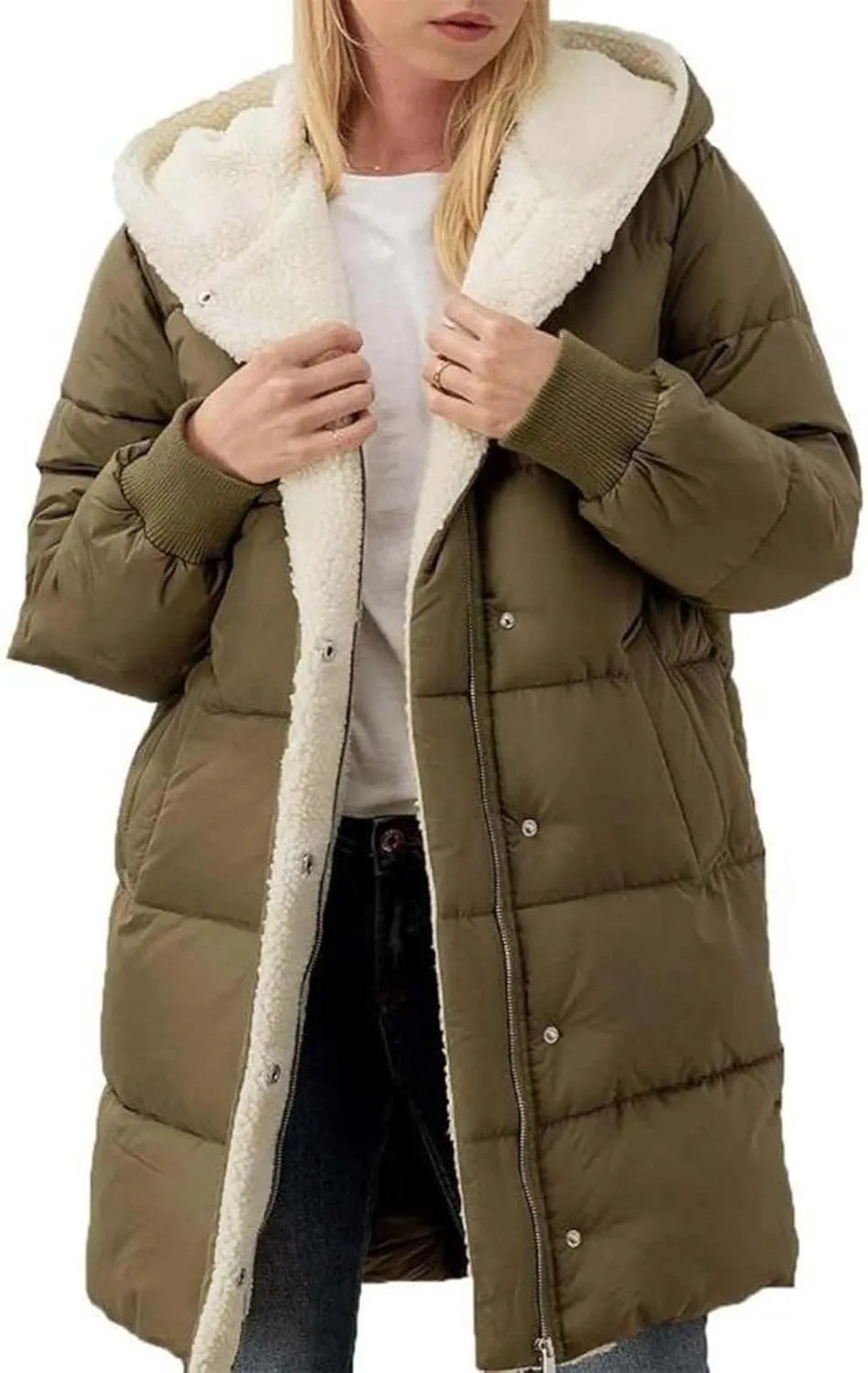 Womens Winter Coat Jacket Fleece Lined Long Sleeve Outwear Full Zipper Solid Coat Winter Warm Down Jacket with