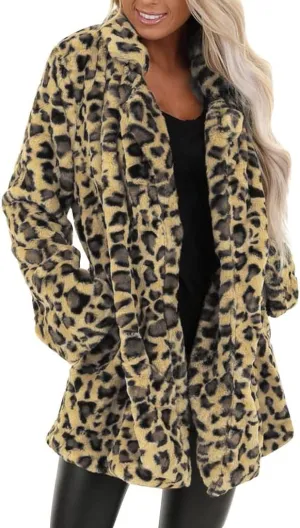 Womens Winter Coats Leopard Print Fleece Cardigan Faux Fur Long Jacket Retro Lapel Warm Overcoat Plus Size Trench Coat