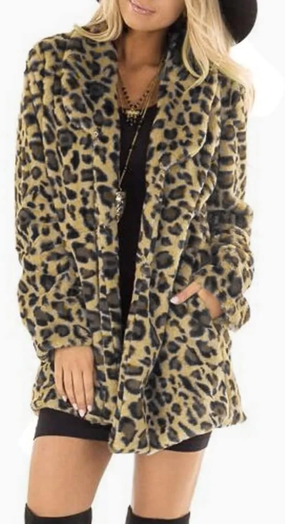 Womens Winter Coats Leopard Print Fleece Cardigan Faux Fur Long Jacket Retro Lapel Warm Overcoat Plus Size Trench Coat