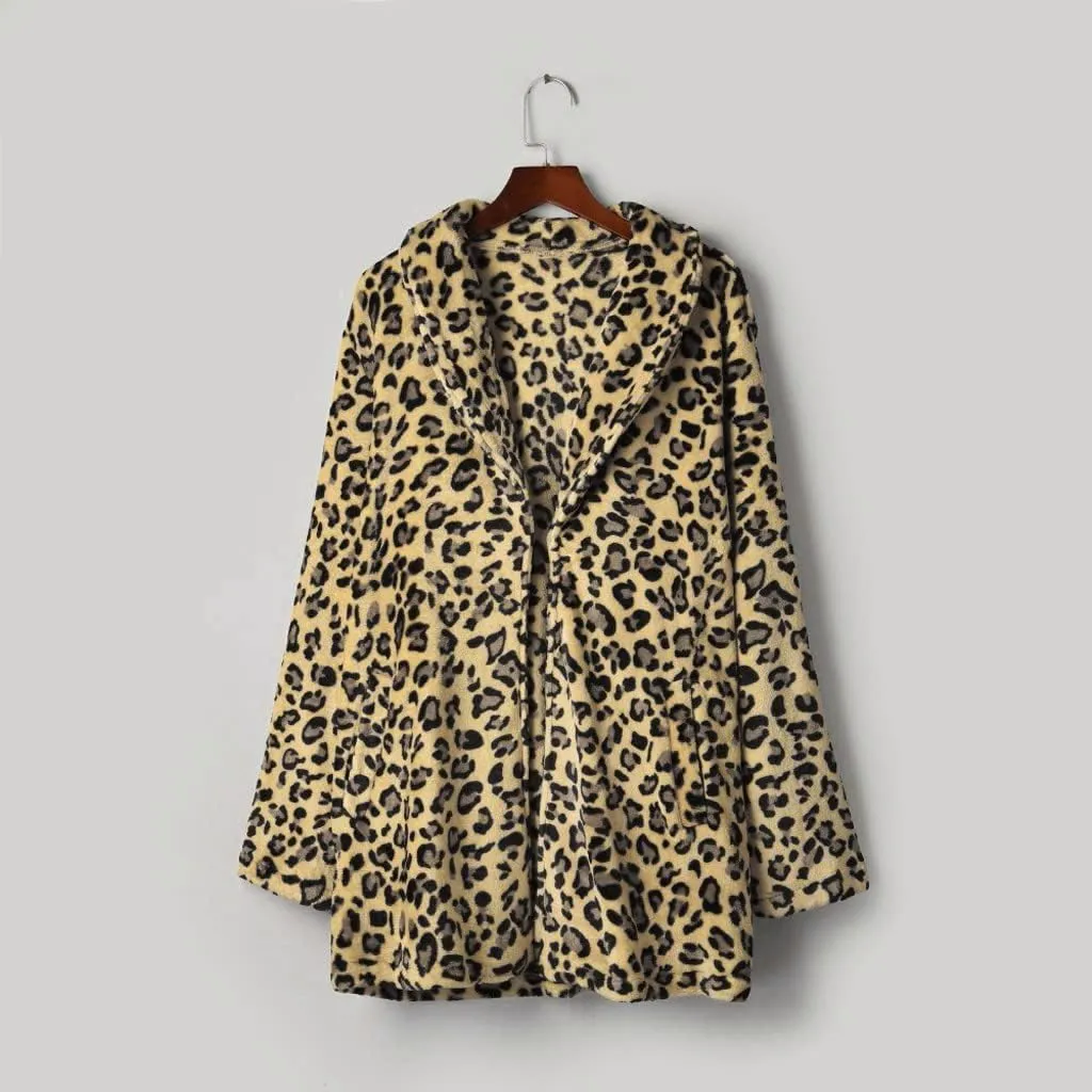 Womens Winter Coats Leopard Print Fleece Cardigan Faux Fur Long Jacket Retro Lapel Warm Overcoat Plus Size Trench Coat