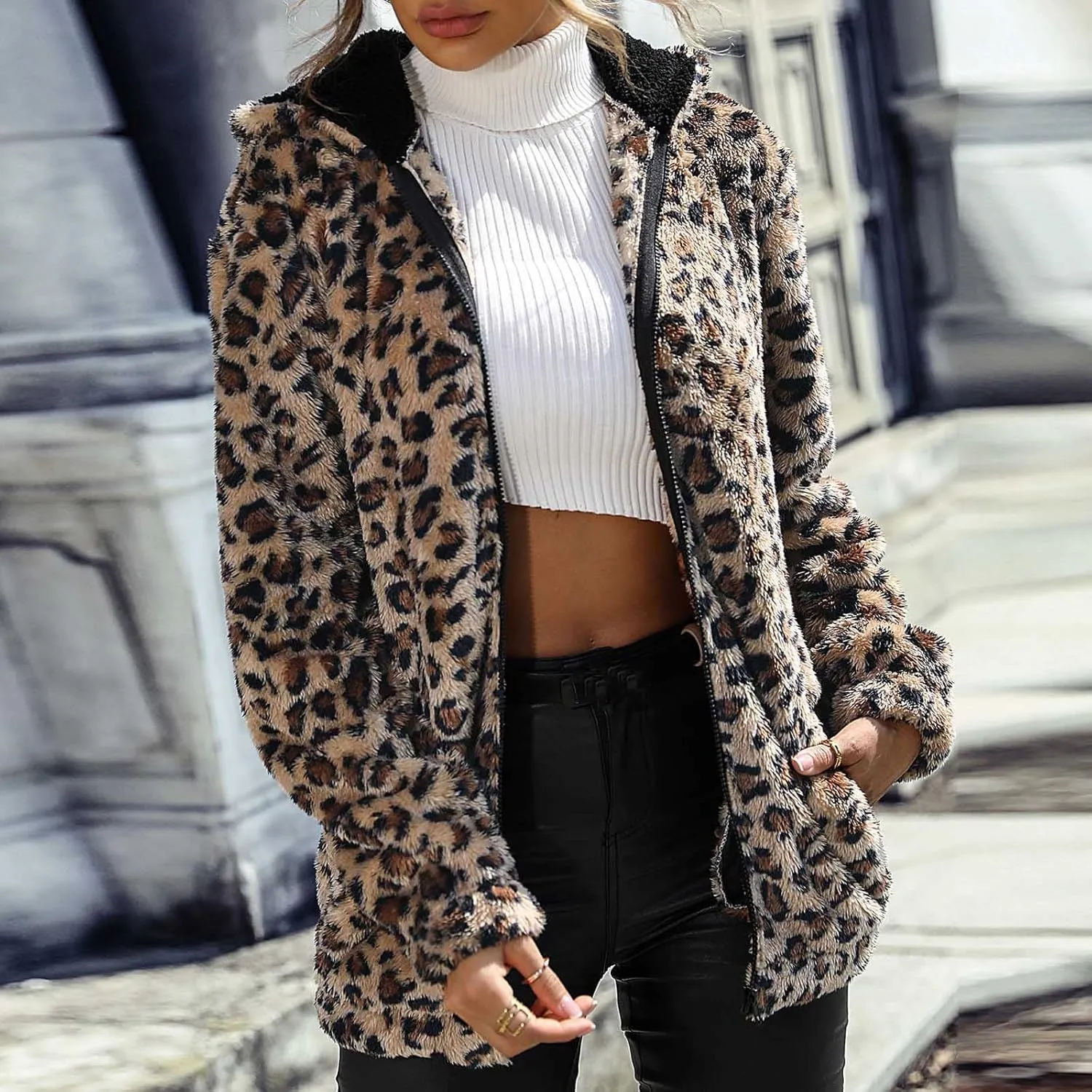 Womens Winter Coats Leopard Print Fleece Cardigan Faux Fur Long Jacket Retro Lapel Warm Overcoat Plus Size Trench Coat