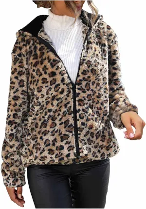 Womens Winter Coats Leopard Print Fleece Cardigan Faux Fur Long Jacket Retro Lapel Warm Overcoat Plus Size Trench Coat