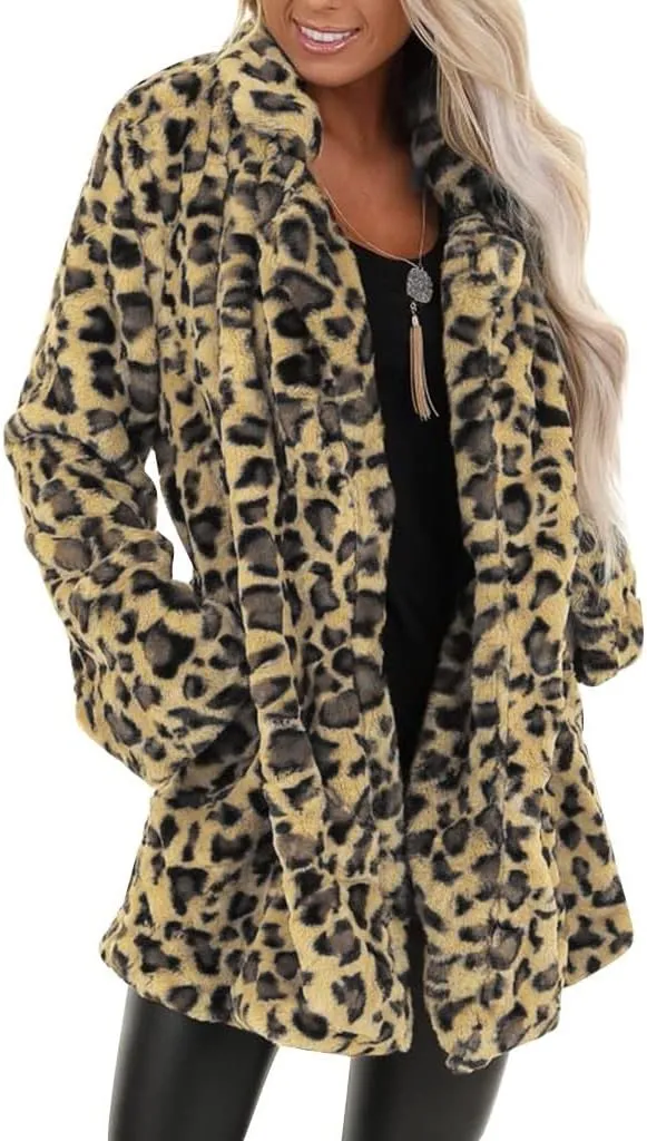 Womens Winter Coats Leopard Print Fleece Cardigan Faux Fur Long Jacket Retro Lapel Warm Overcoat Plus Size Trench Coat