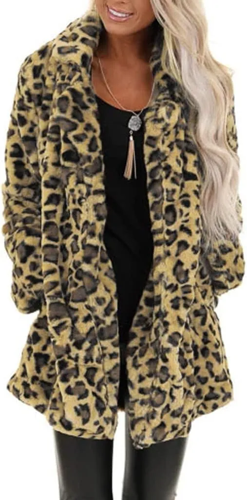 Womens Winter Coats Leopard Print Fleece Cardigan Faux Fur Long Jacket Retro Lapel Warm Overcoat Plus Size Trench Coat