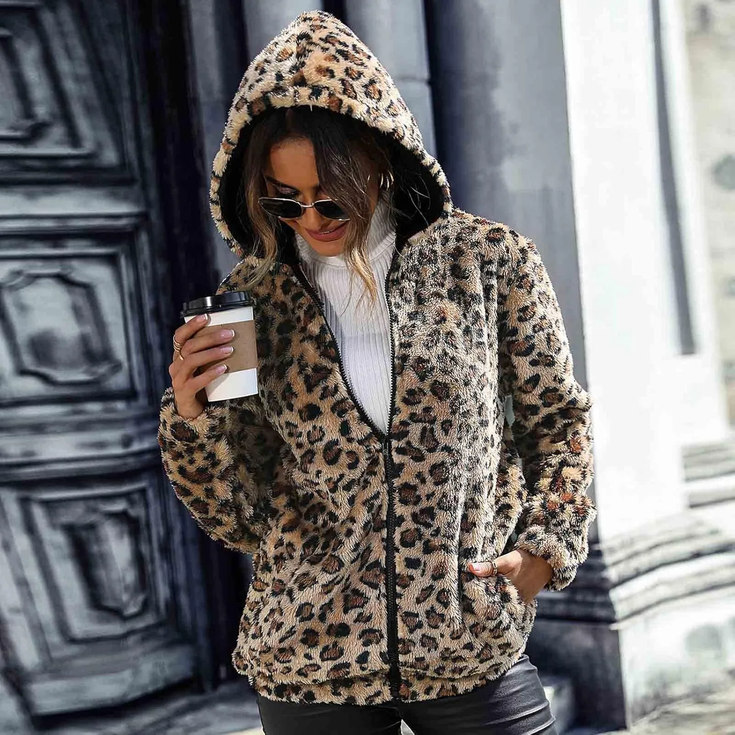 Womens Winter Coats Leopard Print Fleece Cardigan Faux Fur Long Jacket Retro Lapel Warm Overcoat Plus Size Trench Coat