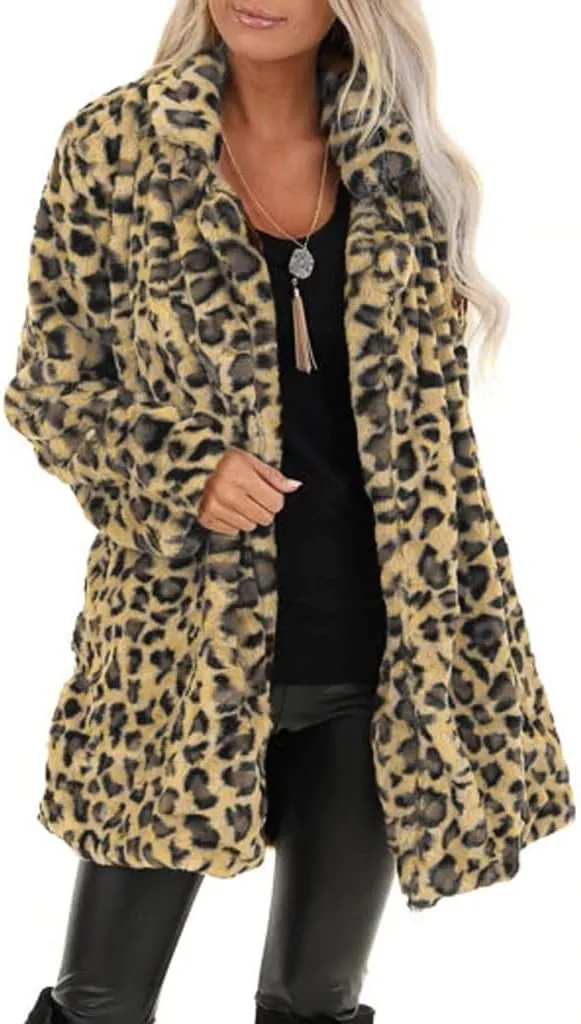 Womens Winter Coats Leopard Print Fleece Cardigan Faux Fur Long Jacket Retro Lapel Warm Overcoat Plus Size Trench Coat
