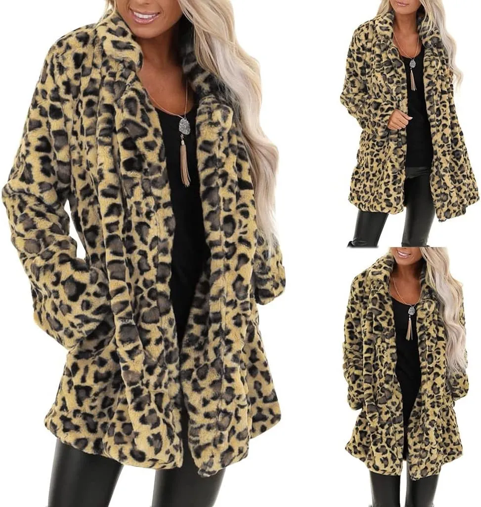 Womens Winter Coats Leopard Print Fleece Cardigan Faux Fur Long Jacket Retro Lapel Warm Overcoat Plus Size Trench Coat