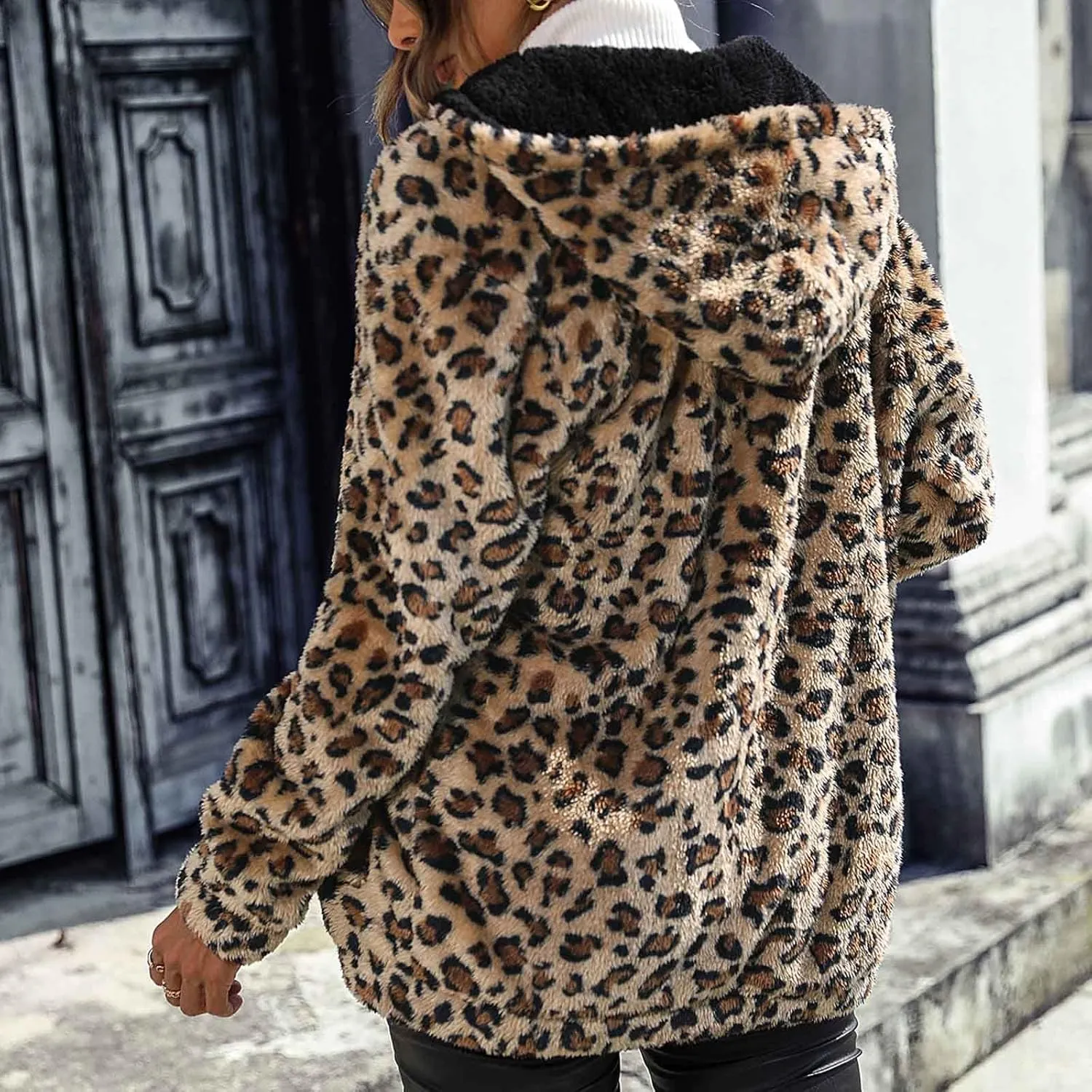 Womens Winter Coats Leopard Print Fleece Cardigan Faux Fur Long Jacket Retro Lapel Warm Overcoat Plus Size Trench Coat