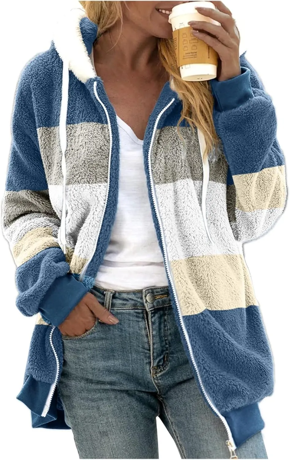 Women'S Winter Hoodies Loose Solid Color Artificial Wool Zipper Drawstring Long-Sleeved Warm Heavyweight Sweatshirt