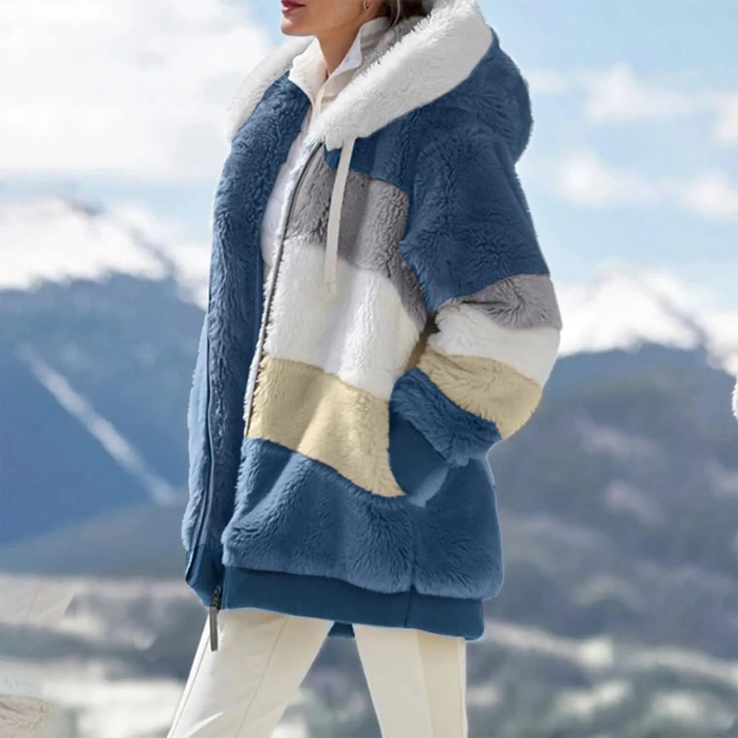 Women'S Winter Hoodies Loose Solid Color Artificial Wool Zipper Drawstring Long-Sleeved Warm Heavyweight Sweatshirt