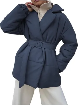 Women's Winter Lapel Collar Belted Mid Long Puffer Jacket Quilted Down Coat Long Sleeve Open Front Jackets Outerwear
