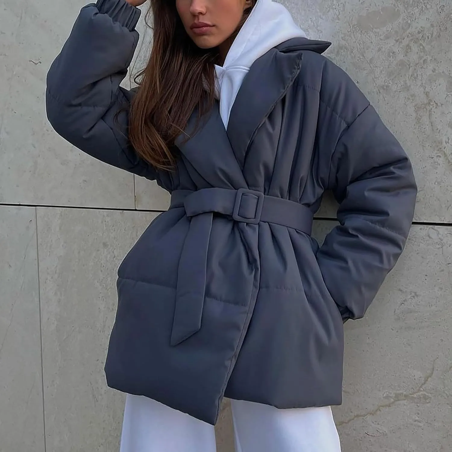Women's Winter Lapel Collar Belted Mid Long Puffer Jacket Quilted Down Coat Long Sleeve Open Front Jackets Outerwear