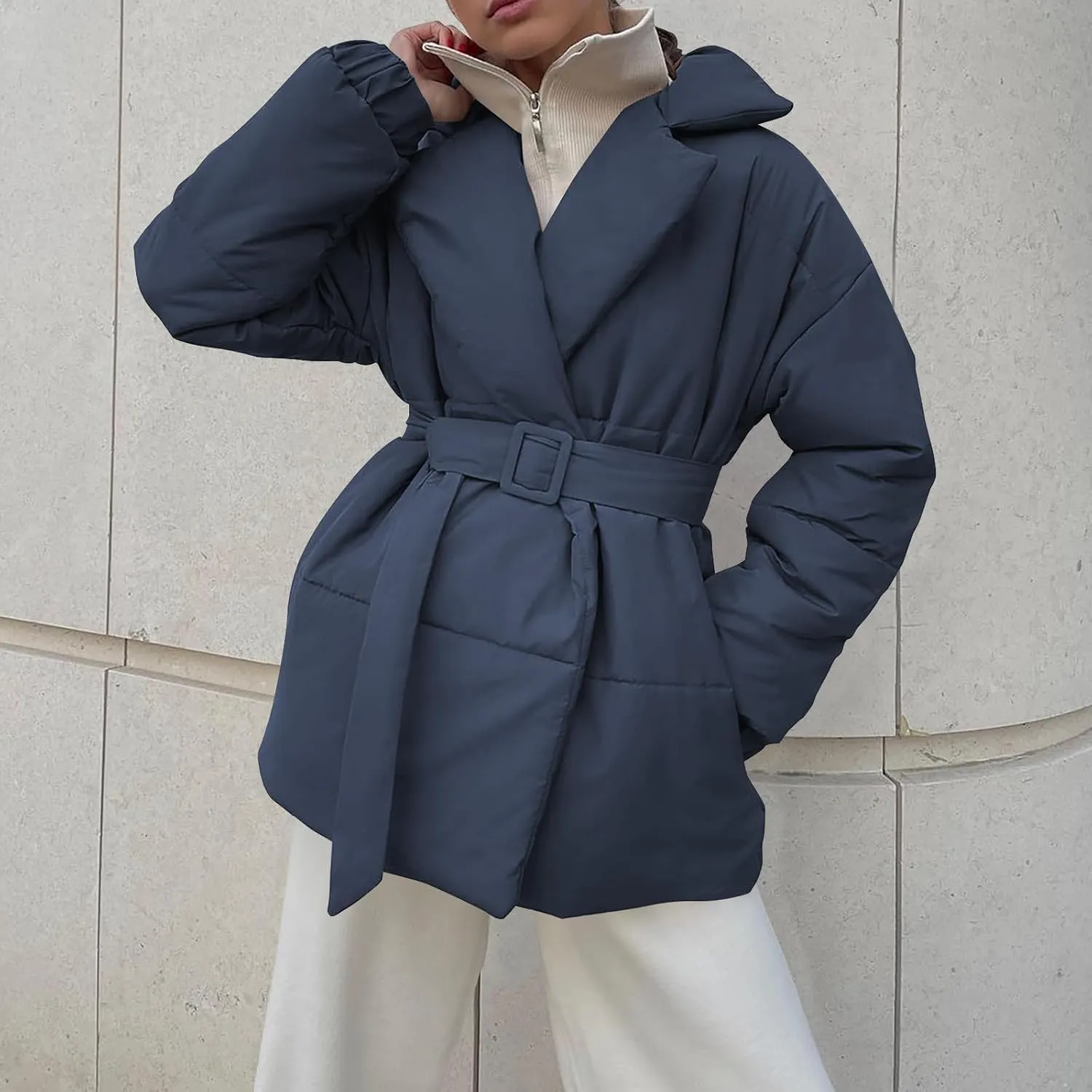 Women's Winter Lapel Collar Belted Mid Long Puffer Jacket Quilted Down Coat Long Sleeve Open Front Jackets Outerwear