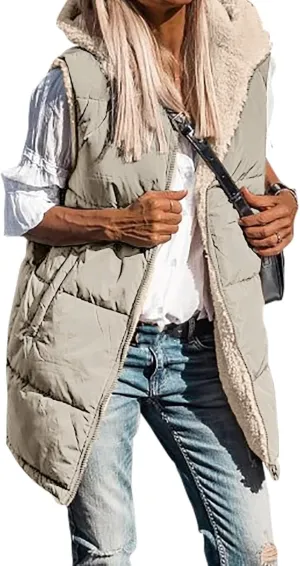 Women's Winter Reversible Sherpa Vest Quilted Zip Up Fleece Down Coat Winter Thicken Warm Padded Jacket with Pockets