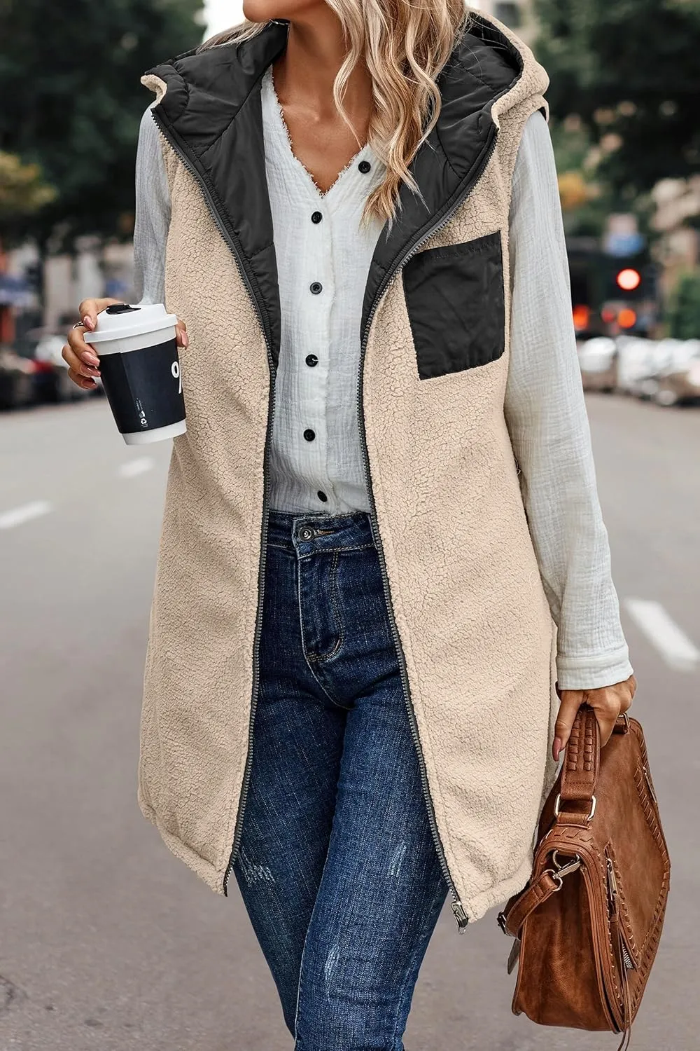 Women's Winter Reversible Sherpa Vest Quilted Zip Up Fleece Down Coat Winter Thicken Warm Padded Jacket with Pockets
