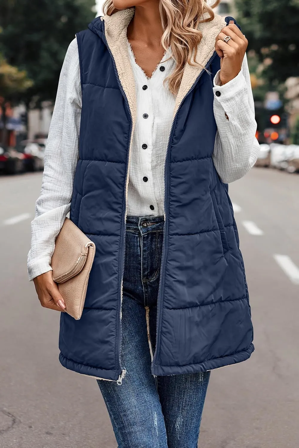 Women's Winter Reversible Sherpa Vest Quilted Zip Up Fleece Down Coat Winter Thicken Warm Padded Jacket with Pockets