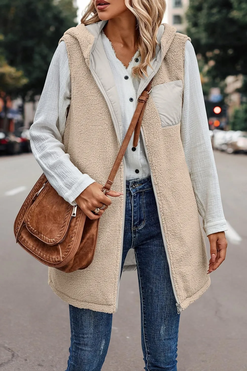 Women's Winter Reversible Sherpa Vest Quilted Zip Up Fleece Down Coat Winter Thicken Warm Padded Jacket with Pockets