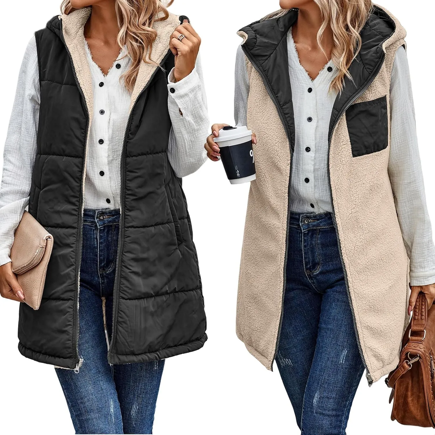 Women's Winter Reversible Sherpa Vest Quilted Zip Up Fleece Down Coat Winter Thicken Warm Padded Jacket with Pockets