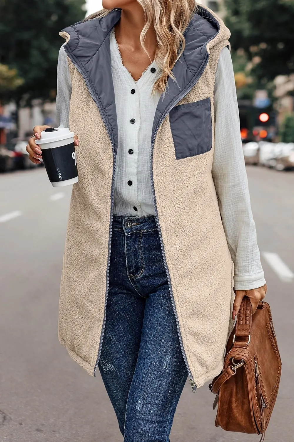 Women's Winter Reversible Sherpa Vest Quilted Zip Up Fleece Down Coat Winter Thicken Warm Padded Jacket with Pockets
