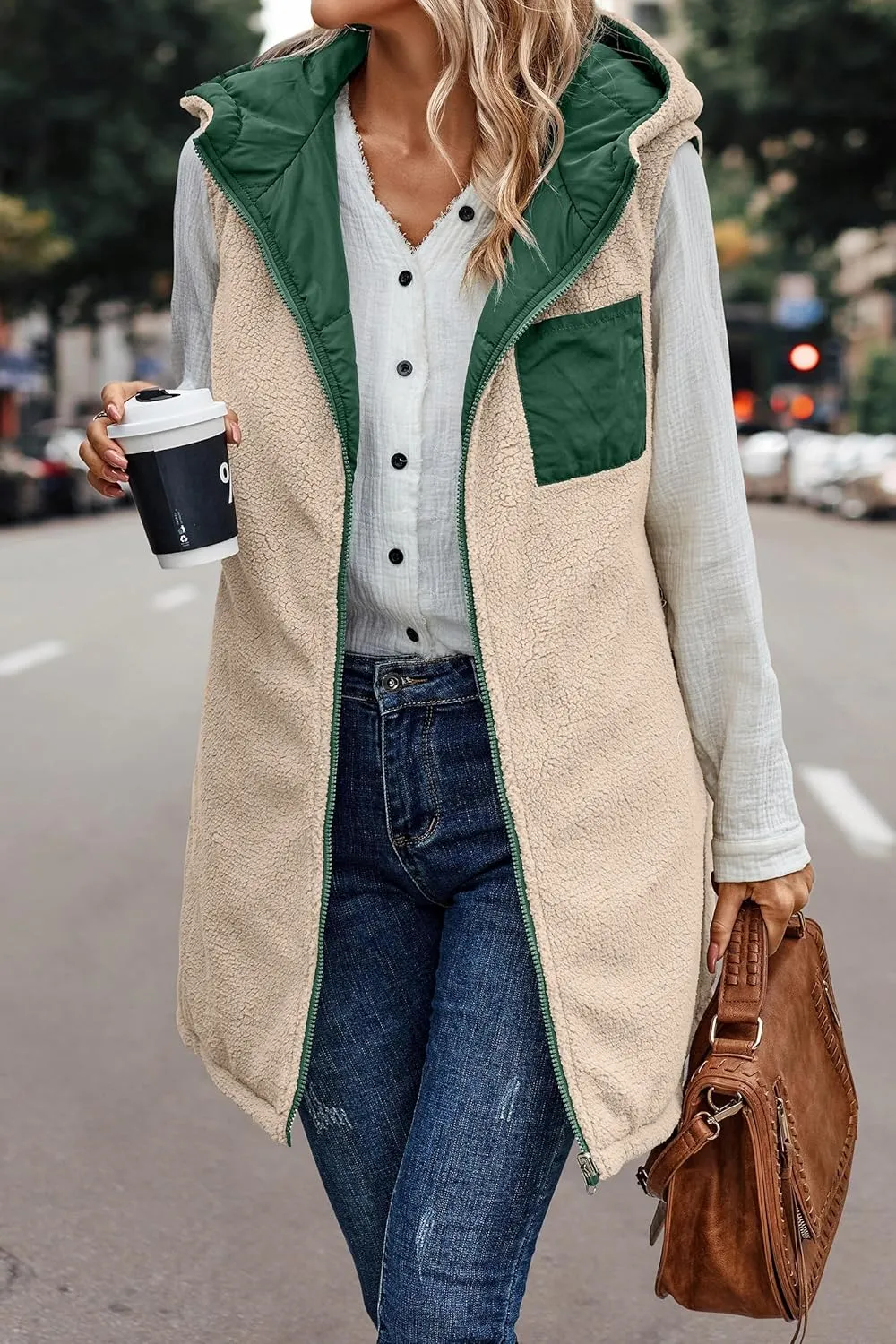Women's Winter Reversible Sherpa Vest Quilted Zip Up Fleece Down Coat Winter Thicken Warm Padded Jacket with Pockets