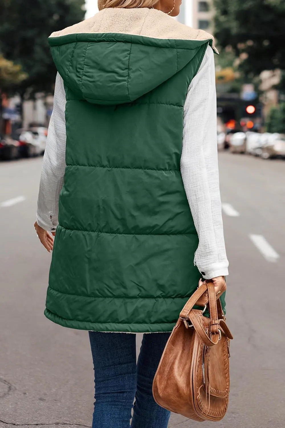 Women's Winter Reversible Sherpa Vest Quilted Zip Up Fleece Down Coat Winter Thicken Warm Padded Jacket with Pockets