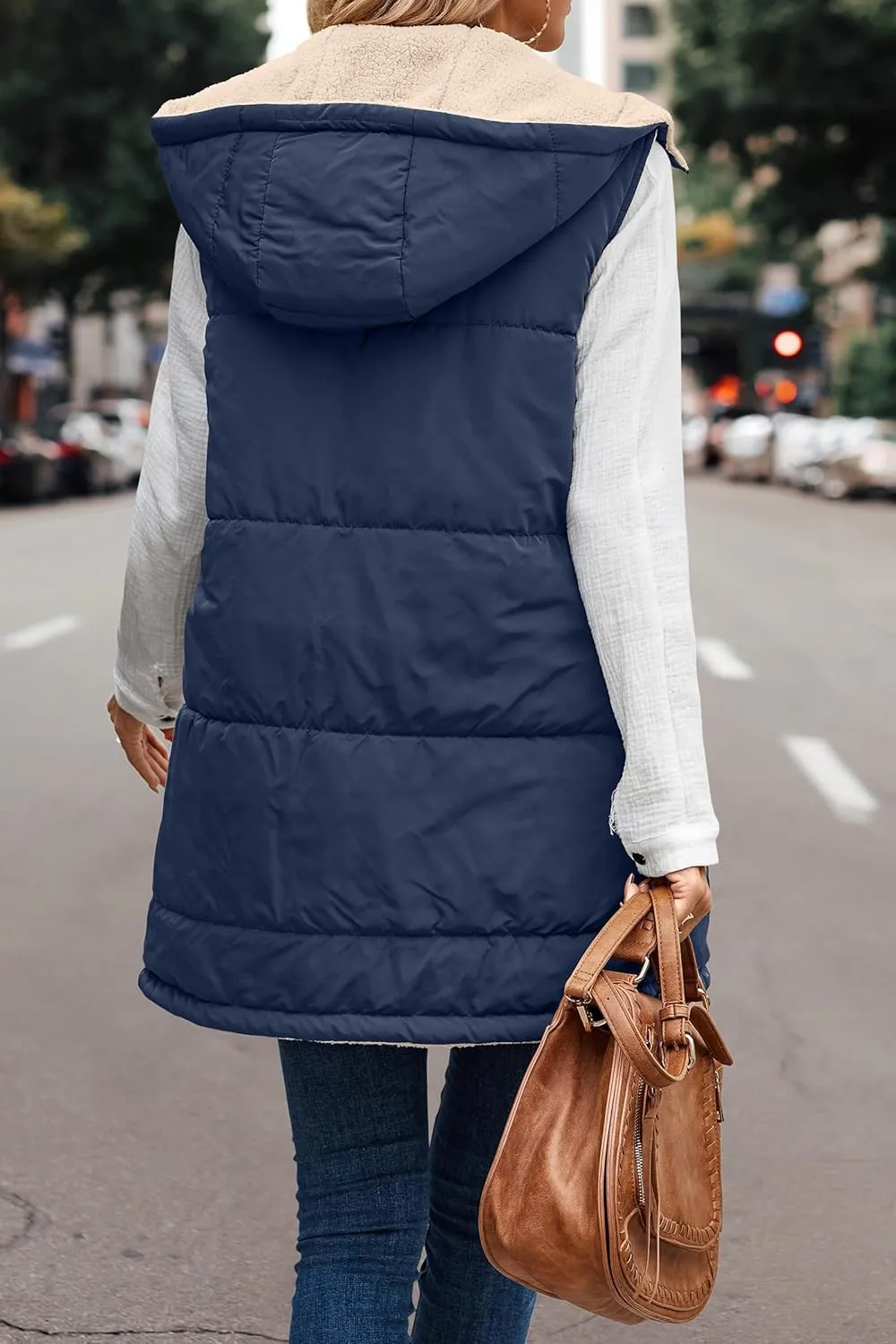 Women's Winter Reversible Sherpa Vest Quilted Zip Up Fleece Down Coat Winter Thicken Warm Padded Jacket with Pockets