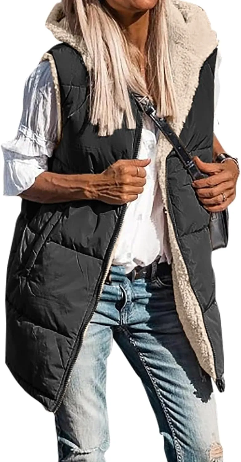 Women's Winter Reversible Sherpa Vest Quilted Zip Up Fleece Down Coat Winter Thicken Warm Padded Jacket with Pockets