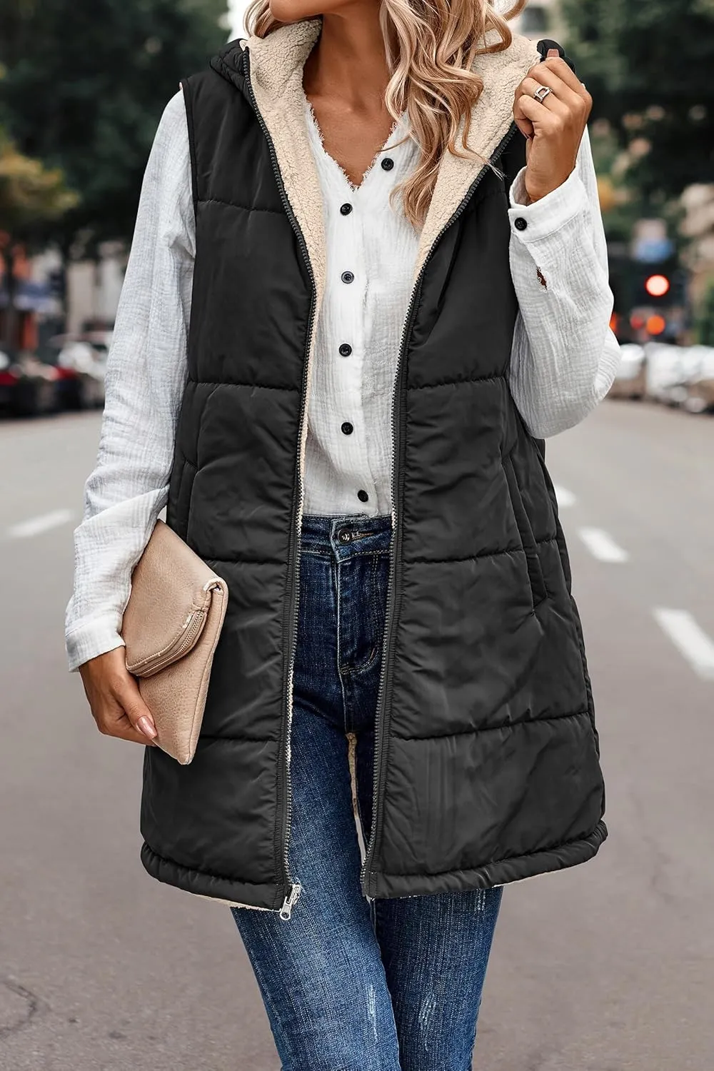 Women's Winter Reversible Sherpa Vest Quilted Zip Up Fleece Down Coat Winter Thicken Warm Padded Jacket with Pockets