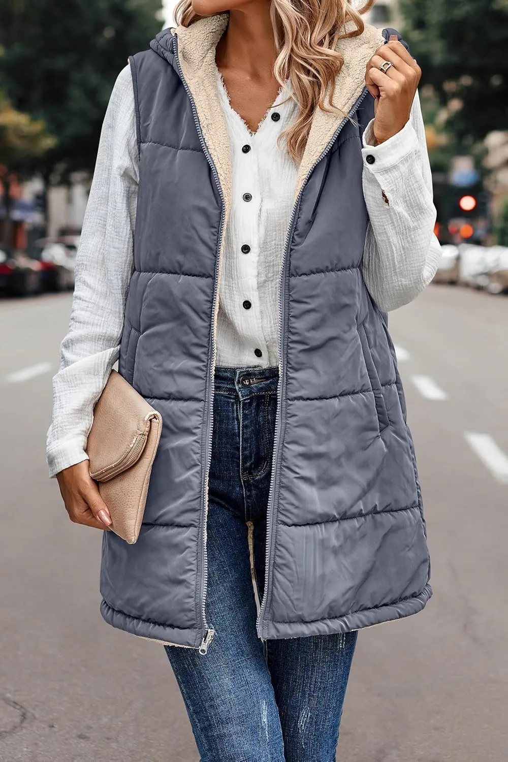 Women's Winter Reversible Sherpa Vest Quilted Zip Up Fleece Down Coat Winter Thicken Warm Padded Jacket with Pockets
