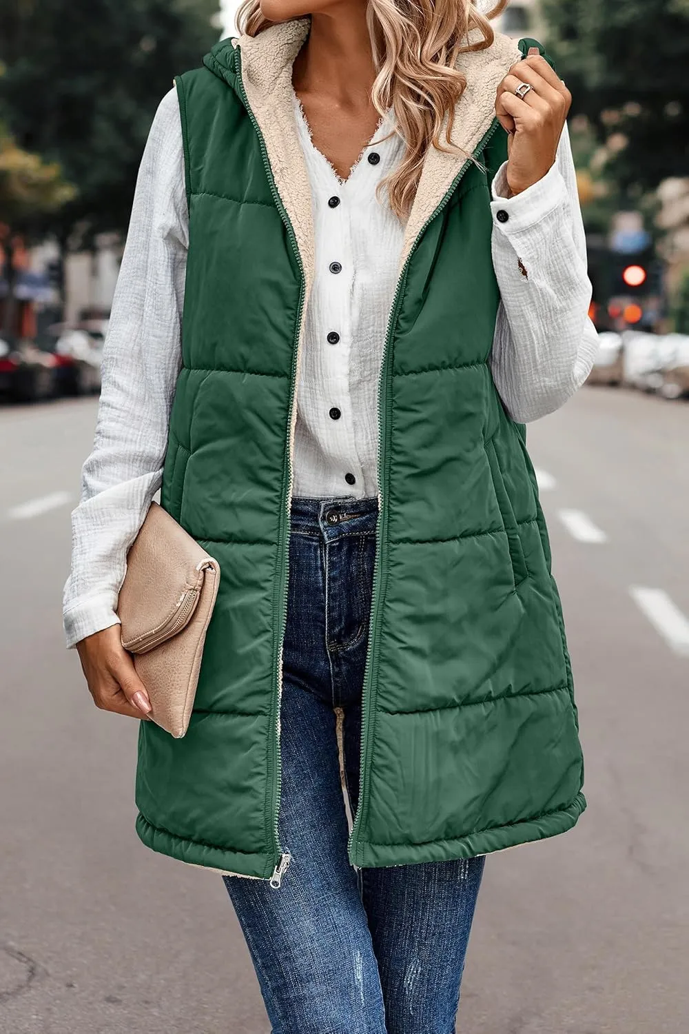 Women's Winter Reversible Sherpa Vest Quilted Zip Up Fleece Down Coat Winter Thicken Warm Padded Jacket with Pockets