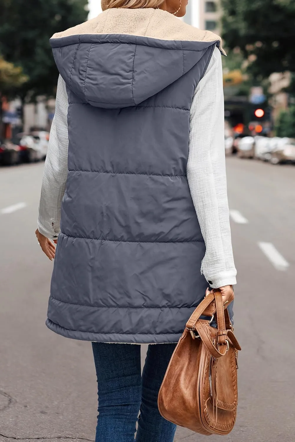Women's Winter Reversible Sherpa Vest Quilted Zip Up Fleece Down Coat Winter Thicken Warm Padded Jacket with Pockets