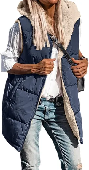 Women's Winter Reversible Sherpa Vest Quilted Zip Up Fleece Down Coat Winter Thicken Warm Padded Jacket with Pockets