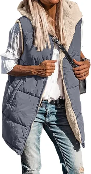 Women's Winter Reversible Sherpa Vest Quilted Zip Up Fleece Down Coat Winter Thicken Warm Padded Jacket with Pockets
