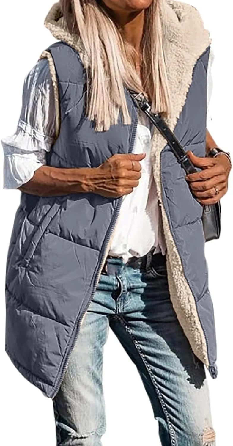 Women's Winter Reversible Sherpa Vest Quilted Zip Up Fleece Down Coat Winter Thicken Warm Padded Jacket with Pockets