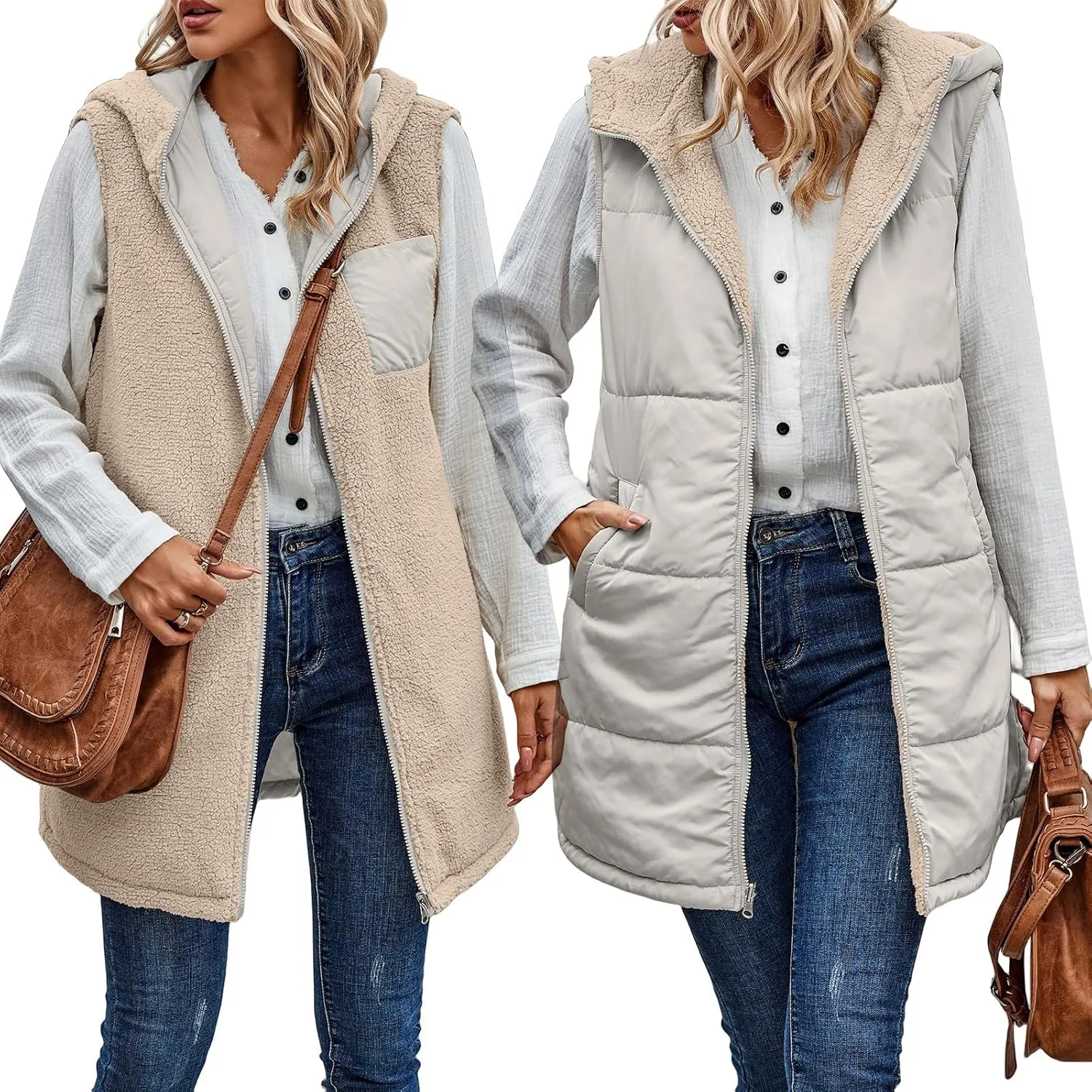 Women's Winter Reversible Sherpa Vest Quilted Zip Up Fleece Down Coat Winter Thicken Warm Padded Jacket with Pockets