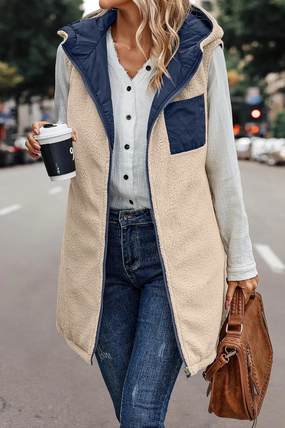 Women's Winter Reversible Sherpa Vest Quilted Zip Up Fleece Down Coat Winter Thicken Warm Padded Jacket with Pockets