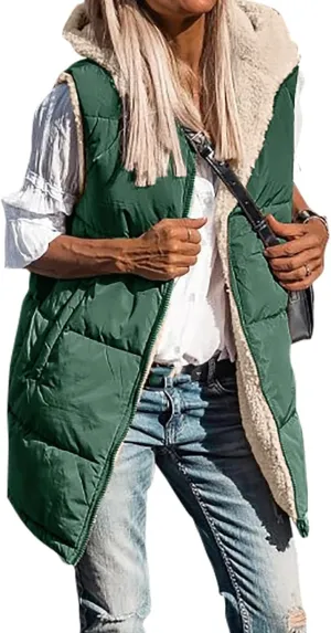Women's Winter Reversible Sherpa Vest Quilted Zip Up Fleece Down Coat Winter Thicken Warm Padded Jacket with Pockets