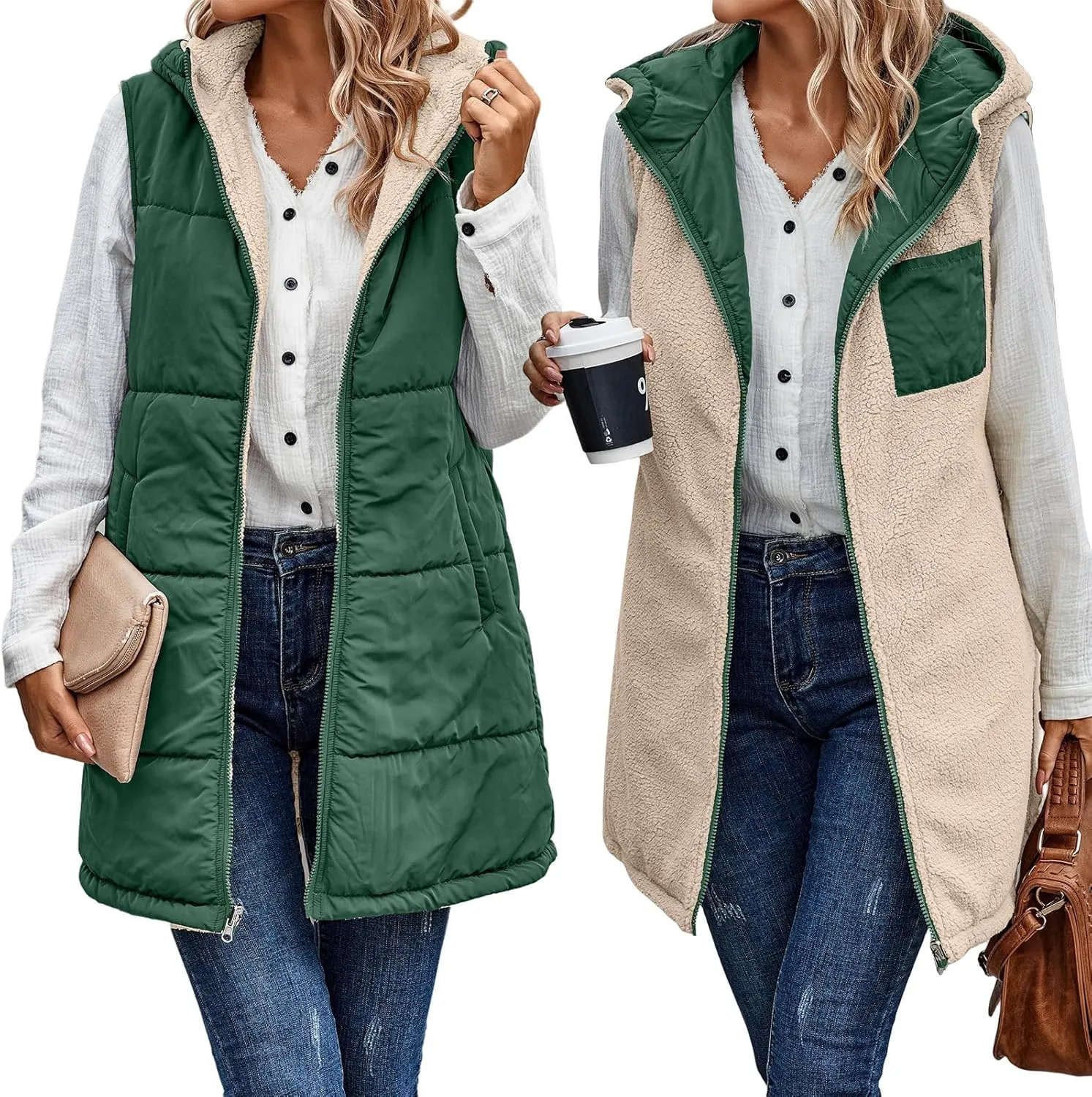 Women's Winter Reversible Sherpa Vest Quilted Zip Up Fleece Down Coat Winter Thicken Warm Padded Jacket with Pockets