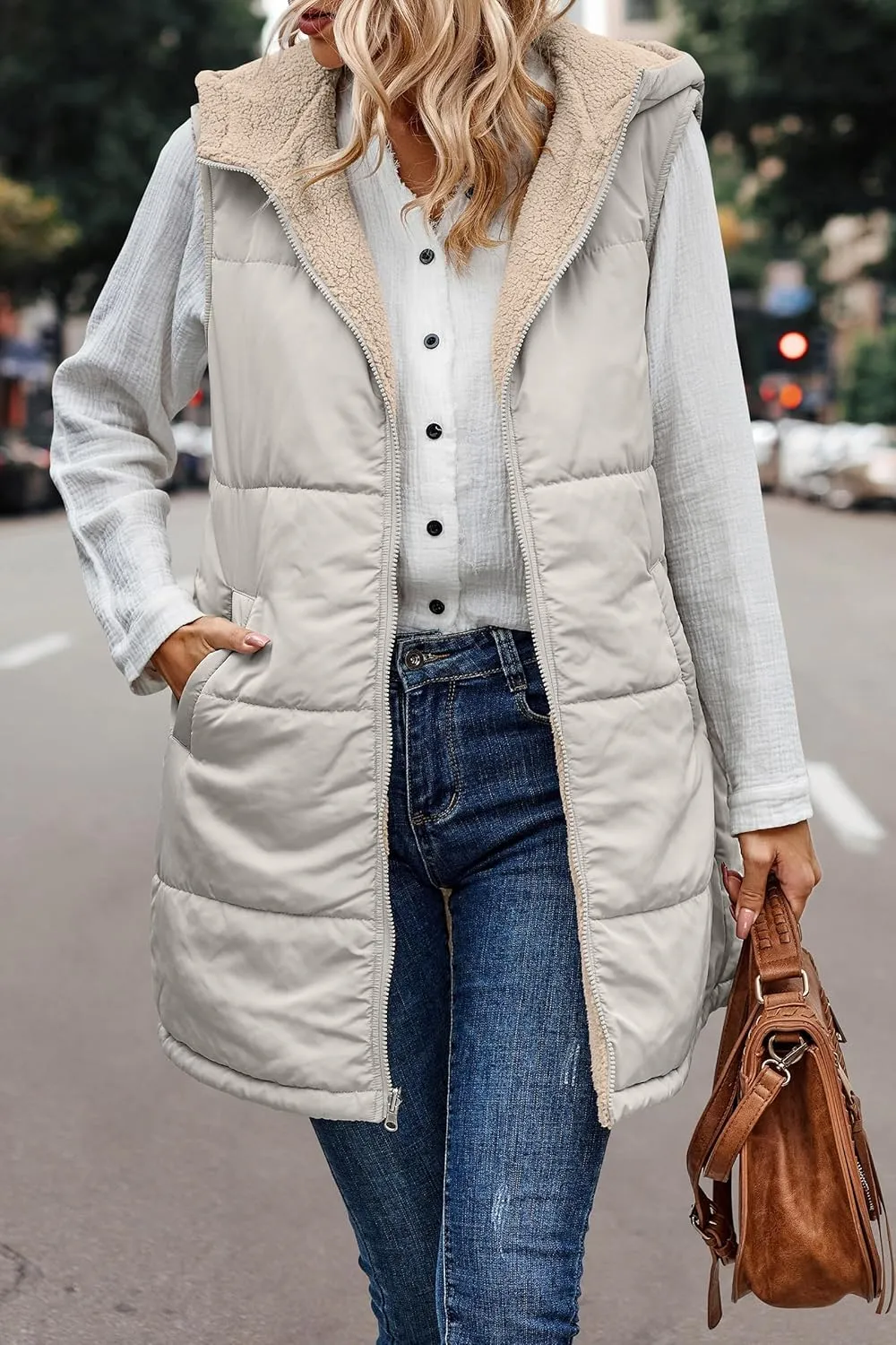 Women's Winter Reversible Sherpa Vest Quilted Zip Up Fleece Down Coat Winter Thicken Warm Padded Jacket with Pockets