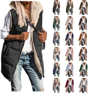 Women's Winter Reversible Sherpa Vest Quilted Zip Up Fleece Down Coat Winter Thicken Warm Padded Jacket with Pockets