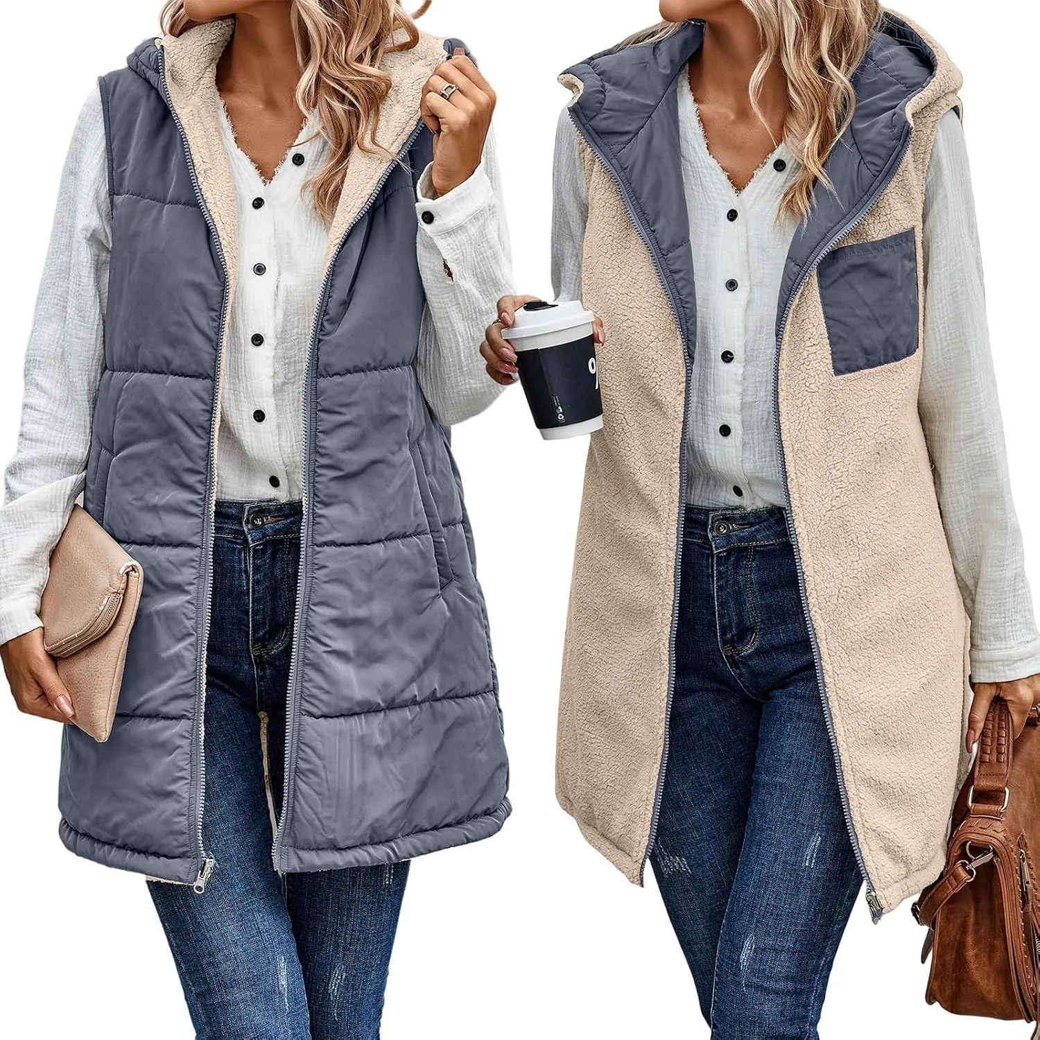 Women's Winter Reversible Sherpa Vest Quilted Zip Up Fleece Down Coat Winter Thicken Warm Padded Jacket with Pockets