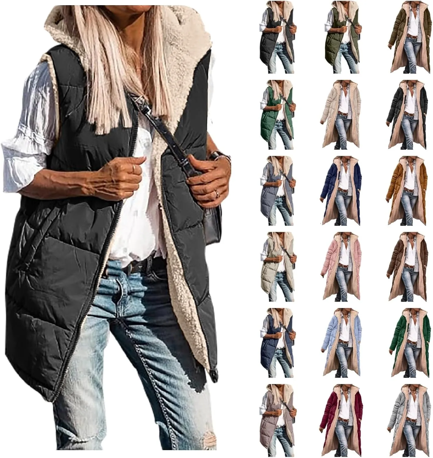 Women's Winter Reversible Sherpa Vest Quilted Zip Up Fleece Down Coat Winter Thicken Warm Padded Jacket with Pockets