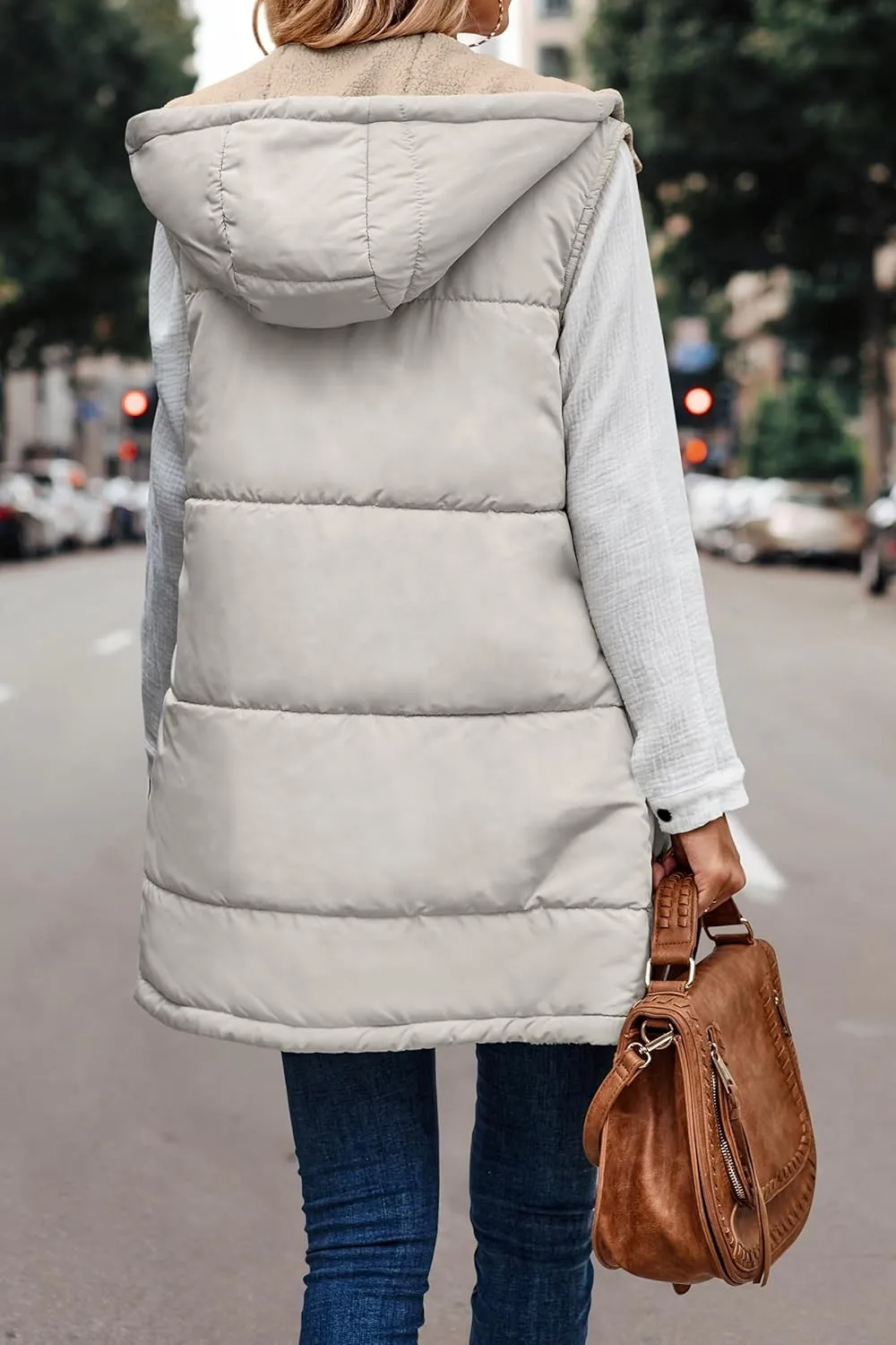 Women's Winter Reversible Sherpa Vest Quilted Zip Up Fleece Down Coat Winter Thicken Warm Padded Jacket with Pockets