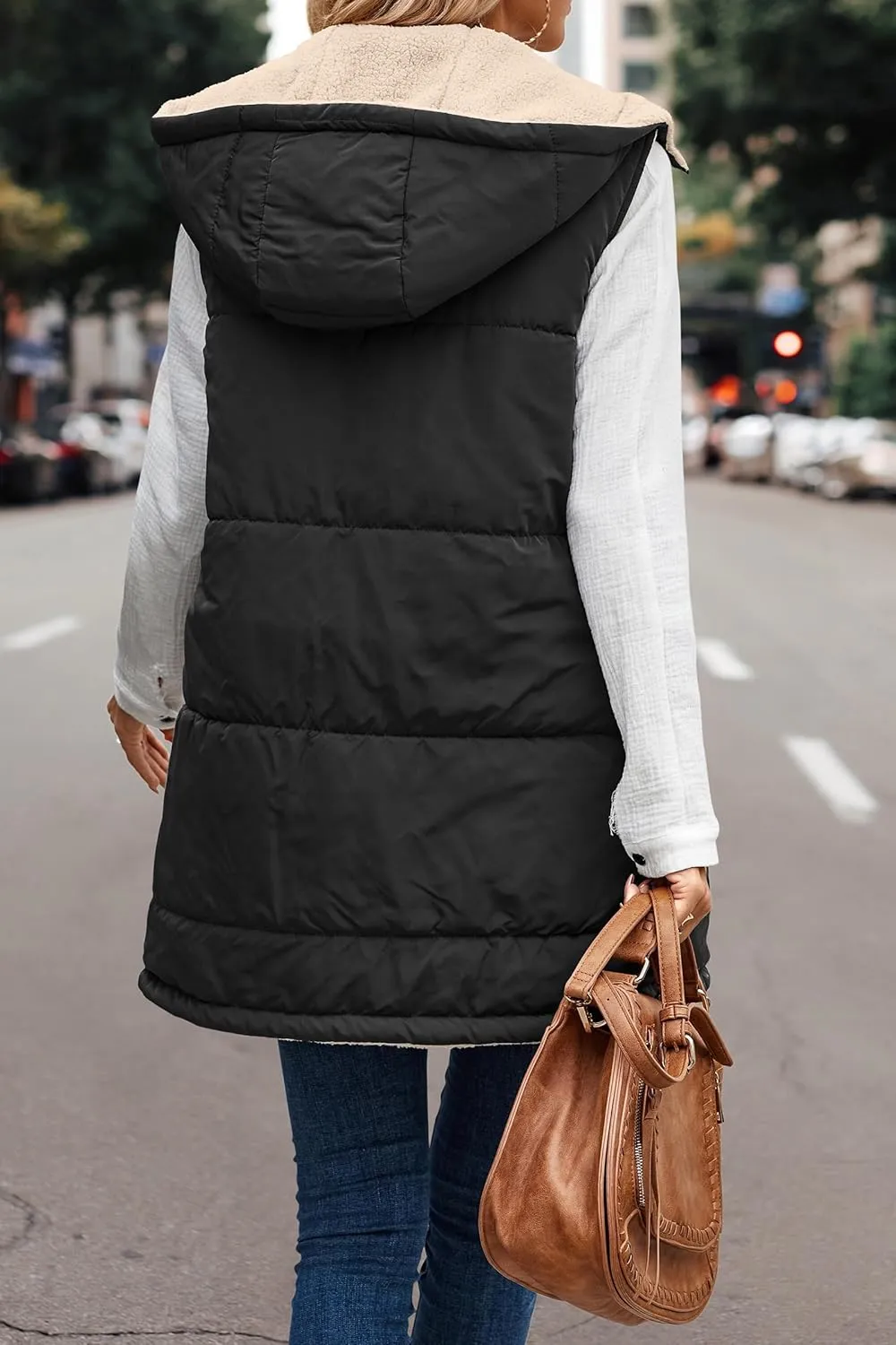 Women's Winter Reversible Sherpa Vest Quilted Zip Up Fleece Down Coat Winter Thicken Warm Padded Jacket with Pockets