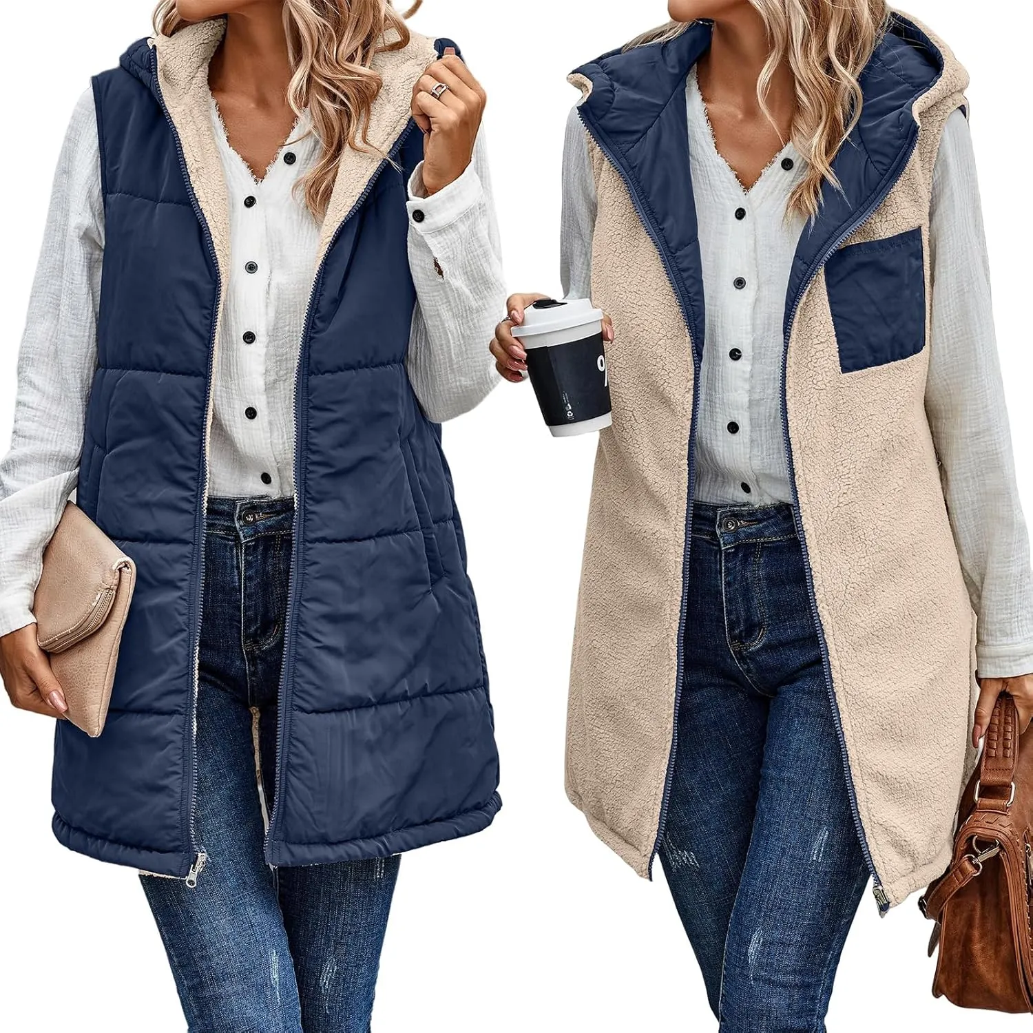 Women's Winter Reversible Sherpa Vest Quilted Zip Up Fleece Down Coat Winter Thicken Warm Padded Jacket with Pockets