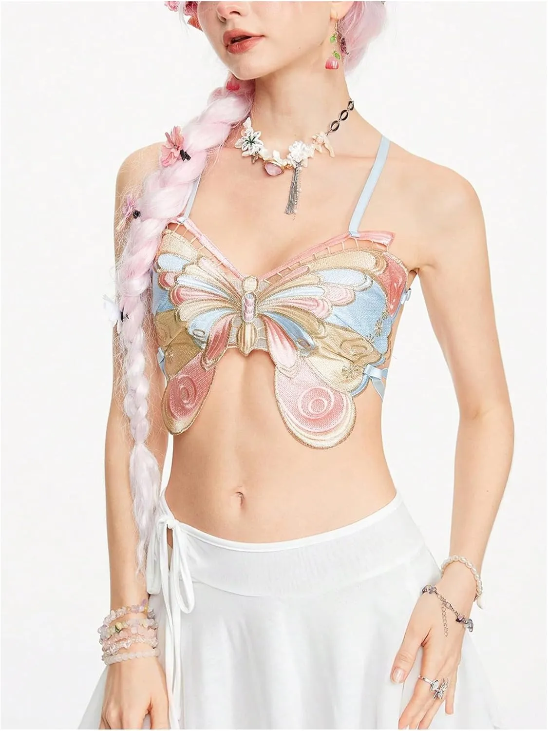 Women's Y2K Butterfly Shape Cami Top Spaghetti Strap Tie Backless Slim Fit Tank Top Camisole Crop Top