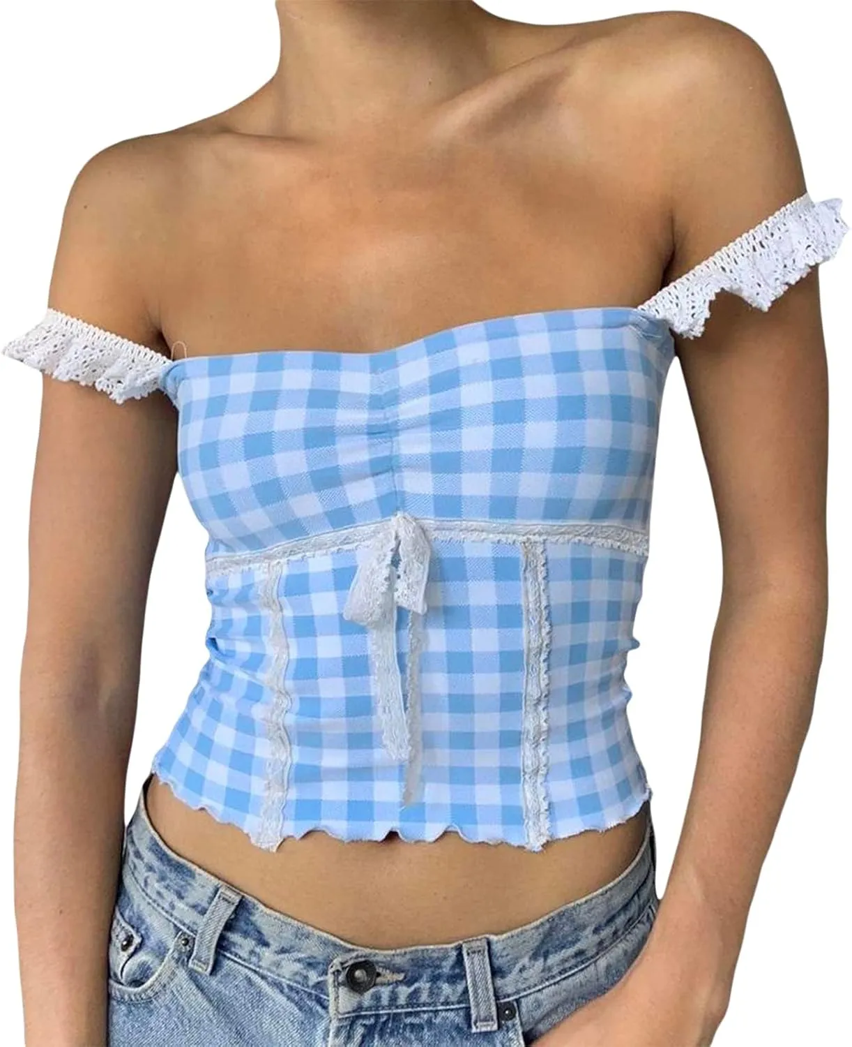 Womens Y2K Gingham Camisole Top Coquette Plaid Spaghetti Strap Backless Tank Top Fairy Peplum Babydoll Crop Top