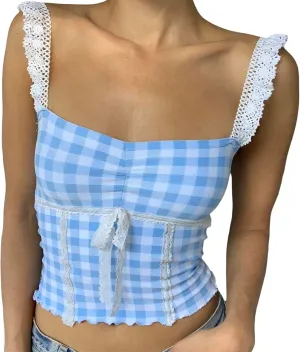 Womens Y2K Gingham Camisole Top Coquette Plaid Spaghetti Strap Backless Tank Top Fairy Peplum Babydoll Crop Top